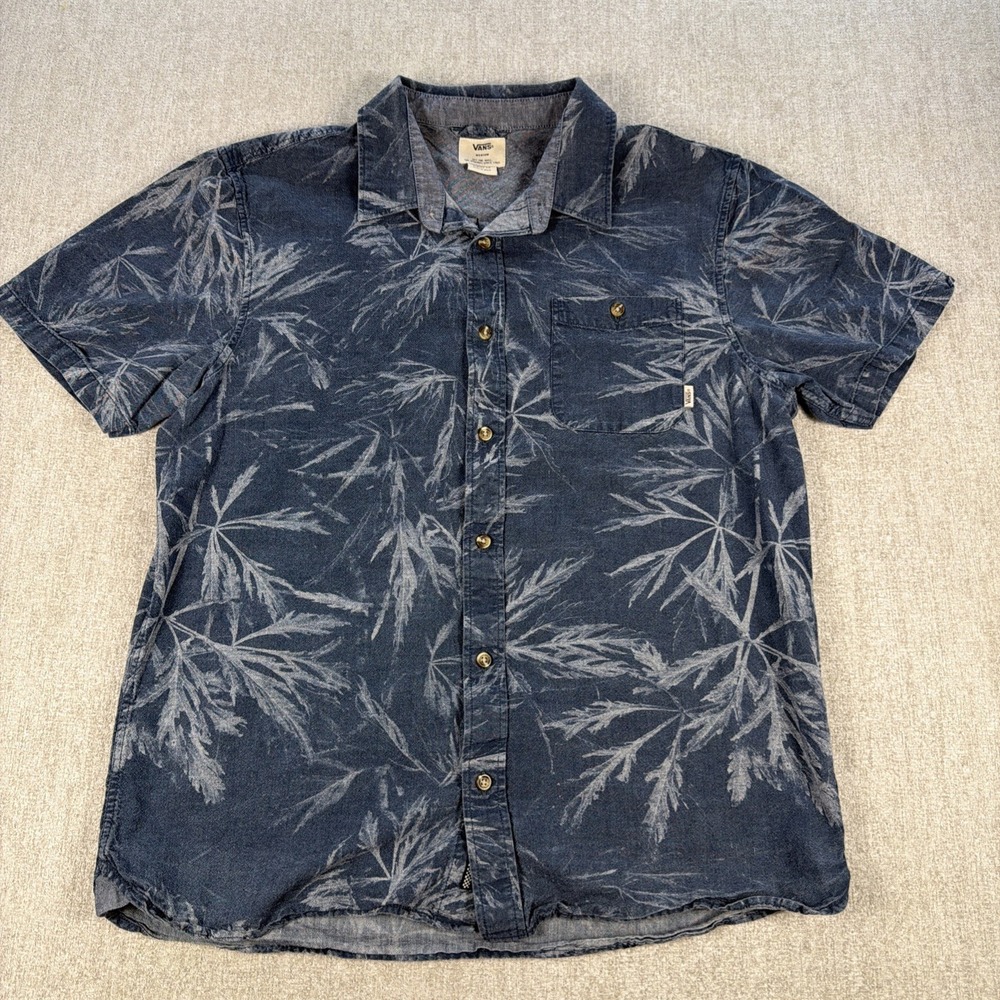 Vans Button Up Shirt Mens Medium Blue Leaf Graphic Print Classic Fit Cotton